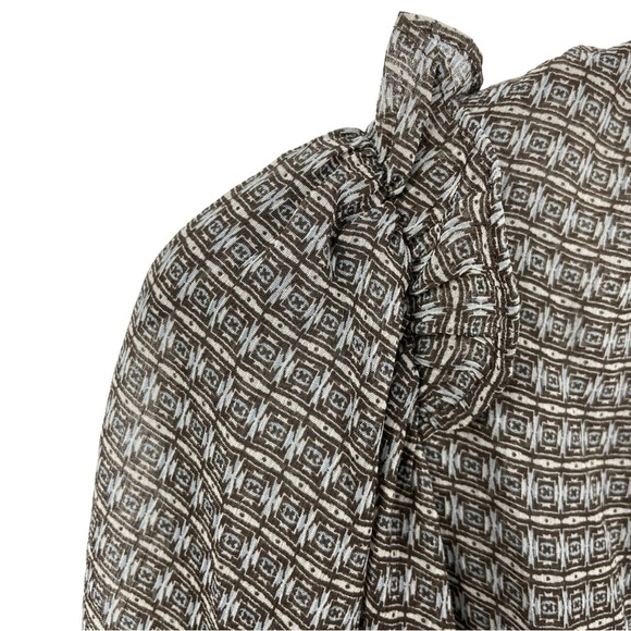 ** NEW Joie Sheer Brown Patterned V Neck Ruffle Shoulder Blouse Size M - Picture 5 of 6